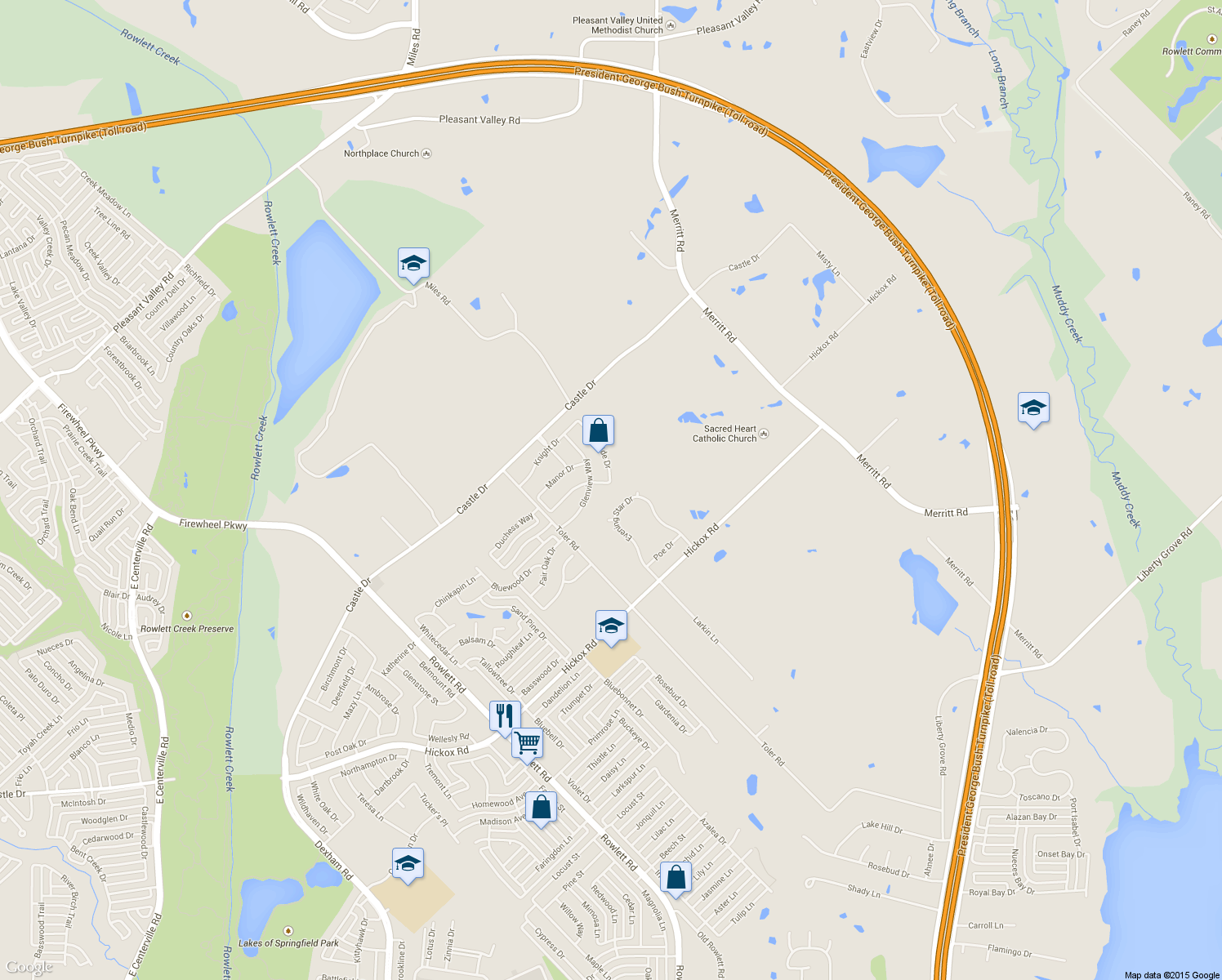 map of restaurants, bars, coffee shops, grocery stores, and more near 3802 Dunhill Place in Rowlett