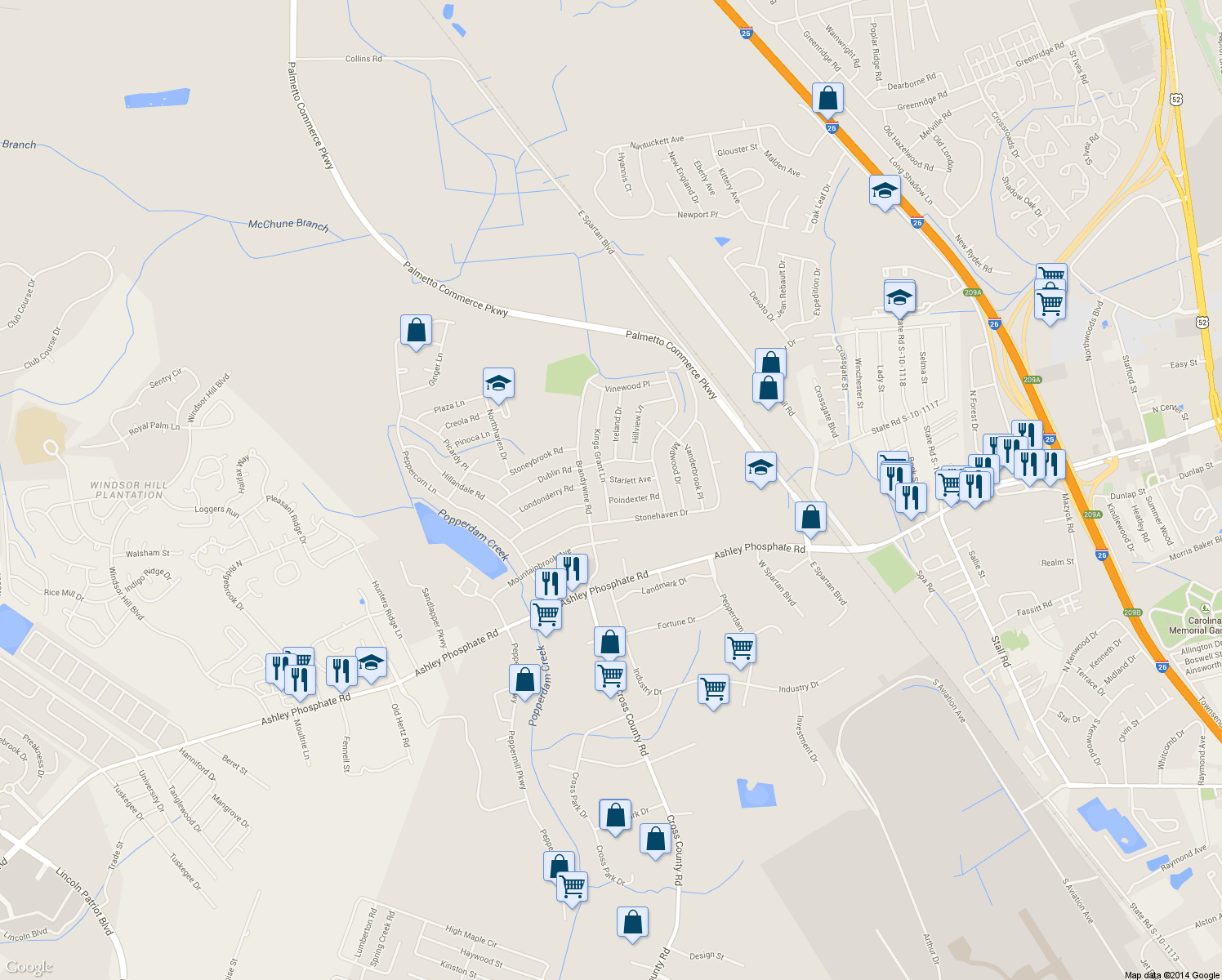 map of restaurants, bars, coffee shops, grocery stores, and more near 7618 Kings Grant Lane in North Charleston