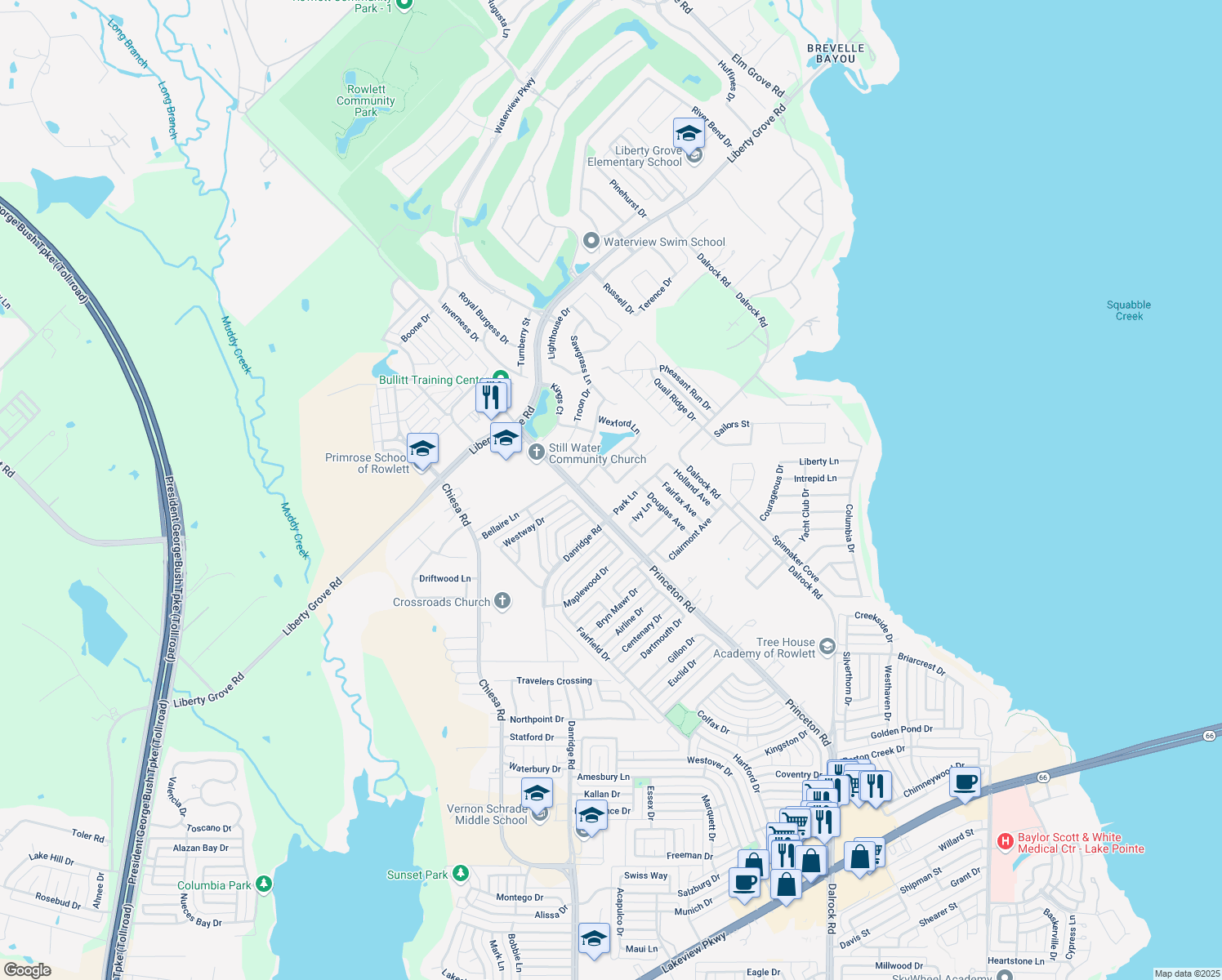 map of restaurants, bars, coffee shops, grocery stores, and more near 7909 Southern Hills Ln in Rowlett
