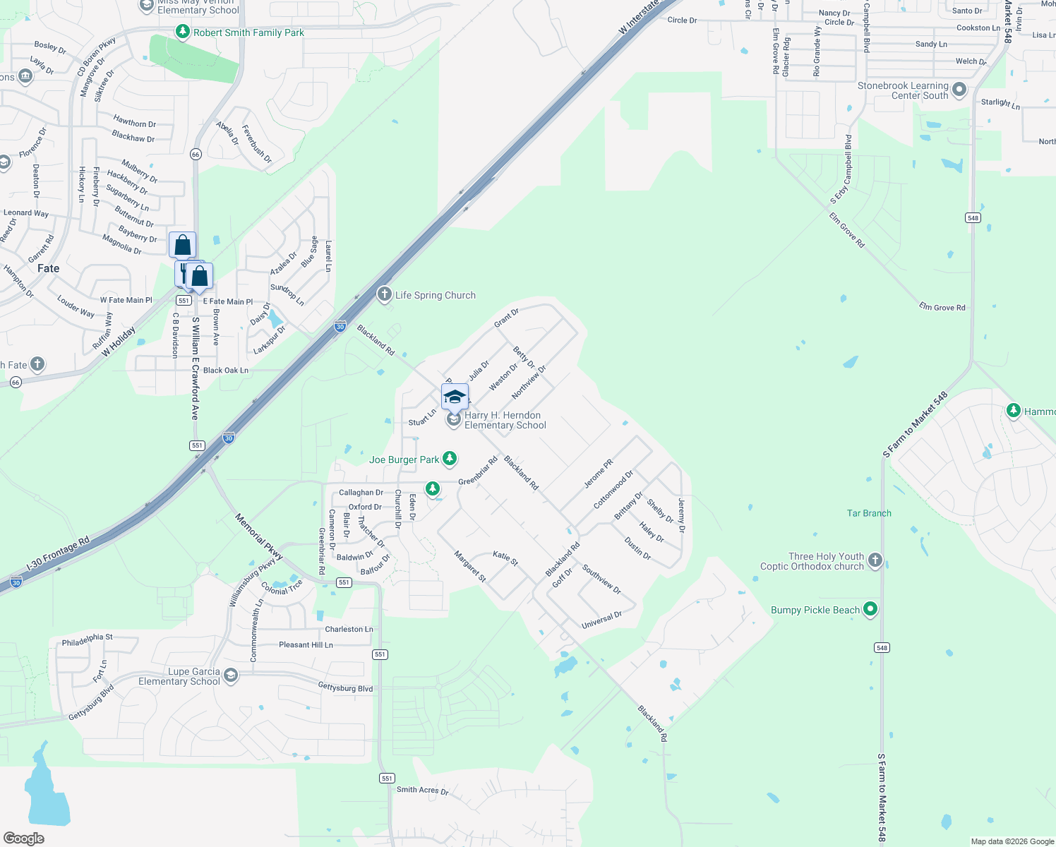 map of restaurants, bars, coffee shops, grocery stores, and more near 108 Valen Dr in Royse City