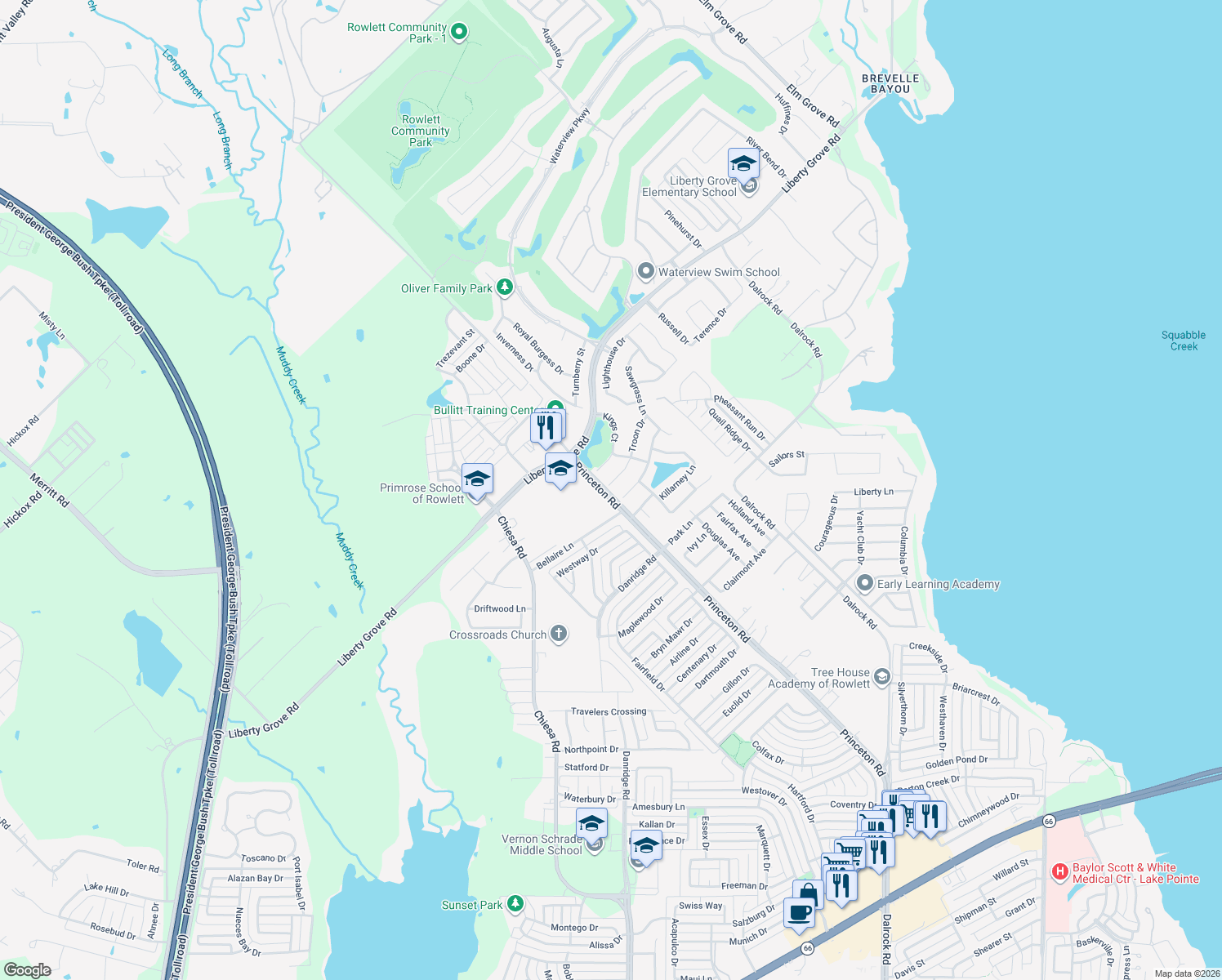 map of restaurants, bars, coffee shops, grocery stores, and more near 7618 Troon Drive in Rowlett