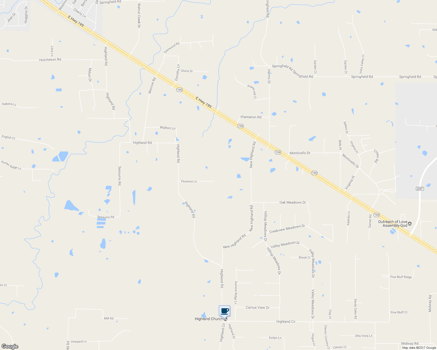 map of restaurants, bars, coffee shops, grocery stores, and more near 143 Florence Lane in Springtown