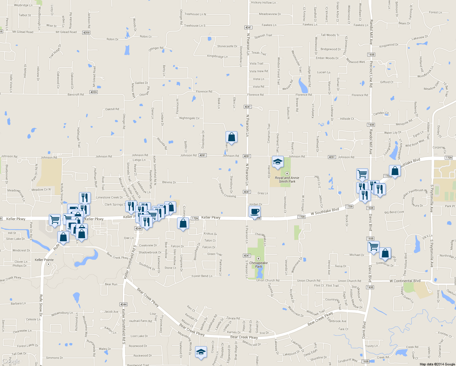 map of restaurants, bars, coffee shops, grocery stores, and more near 310 Stansbury Dr in Keller