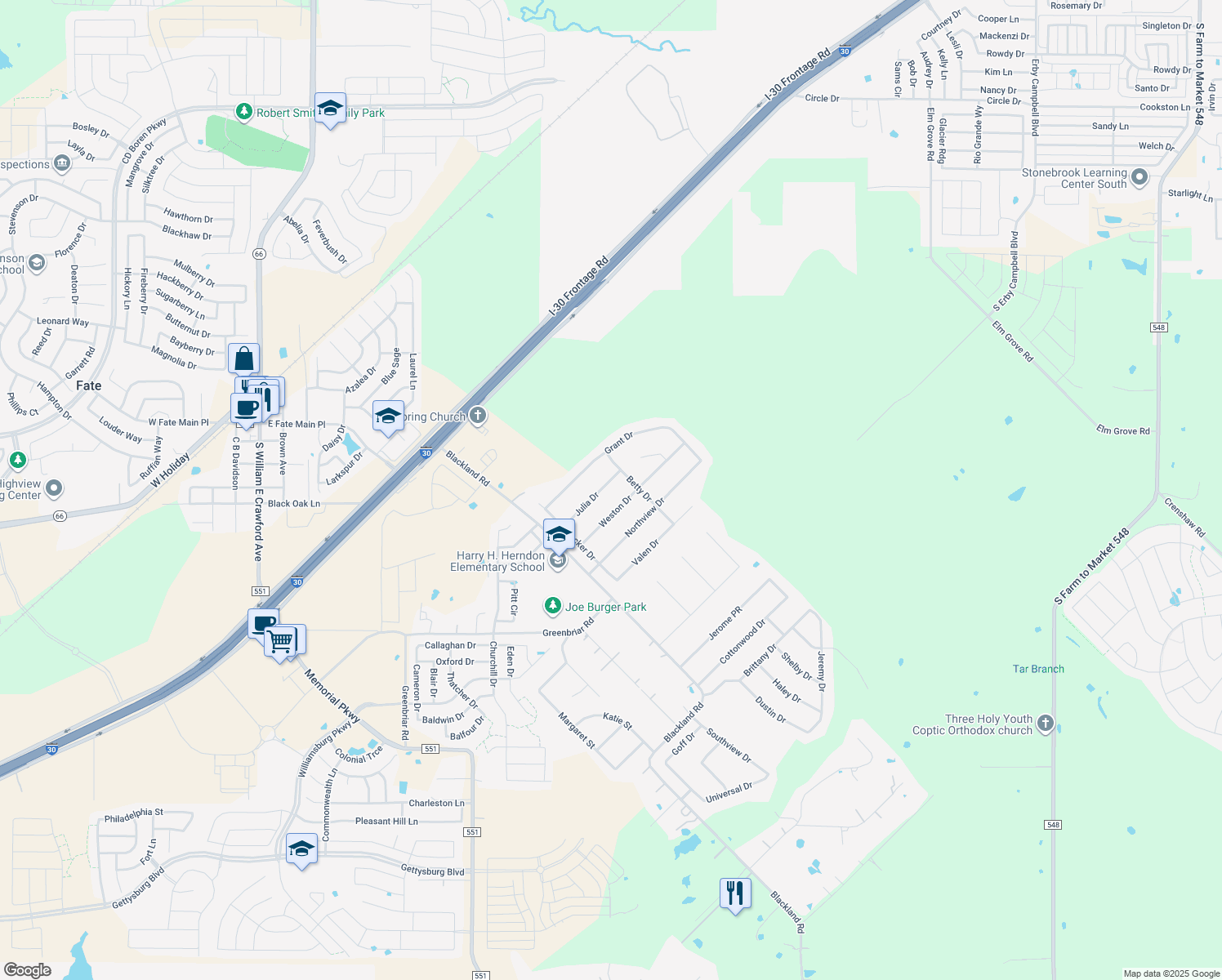 map of restaurants, bars, coffee shops, grocery stores, and more near 114 Julia Dr in Royse City