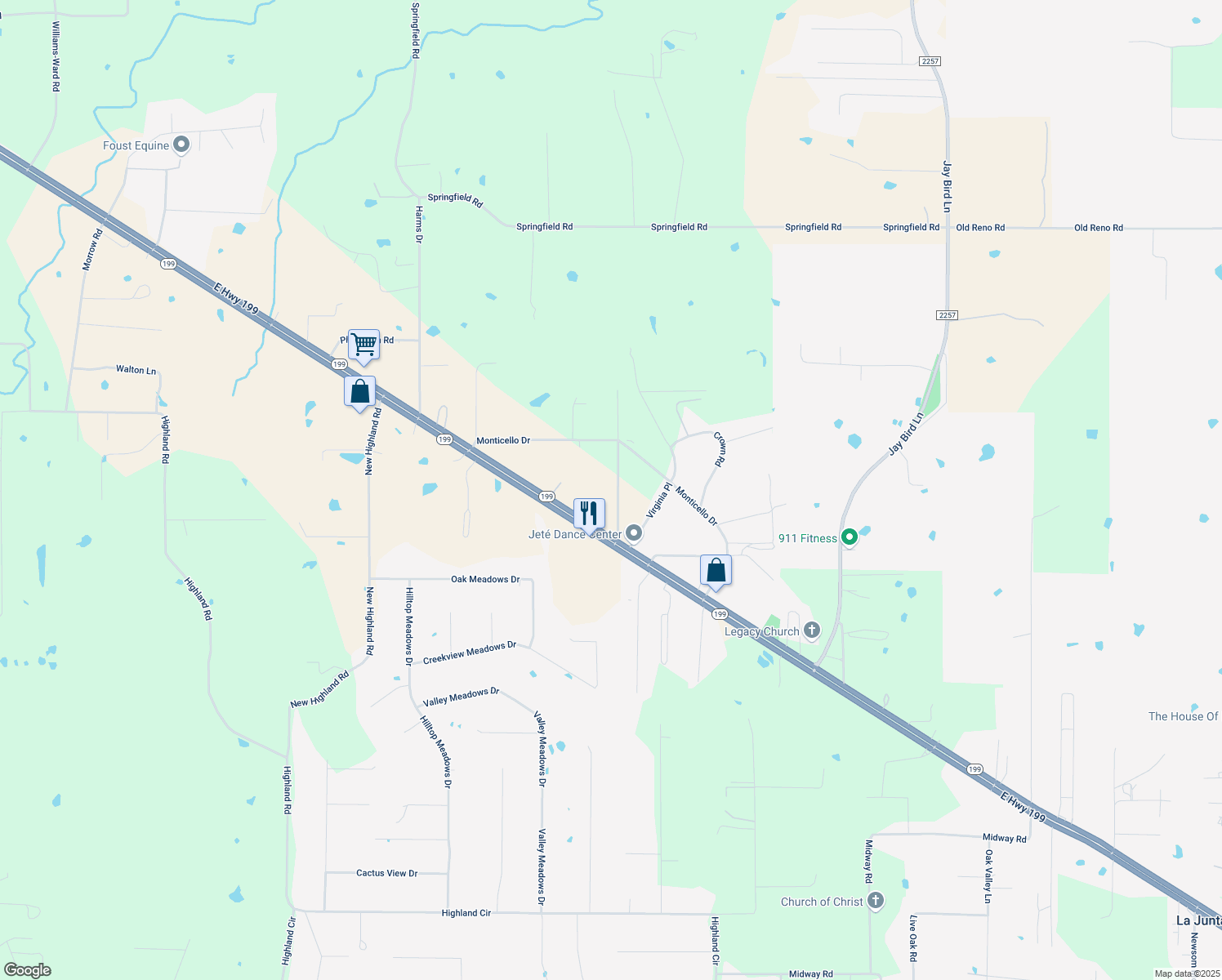 map of restaurants, bars, coffee shops, grocery stores, and more near 229 Belle Place in Springtown