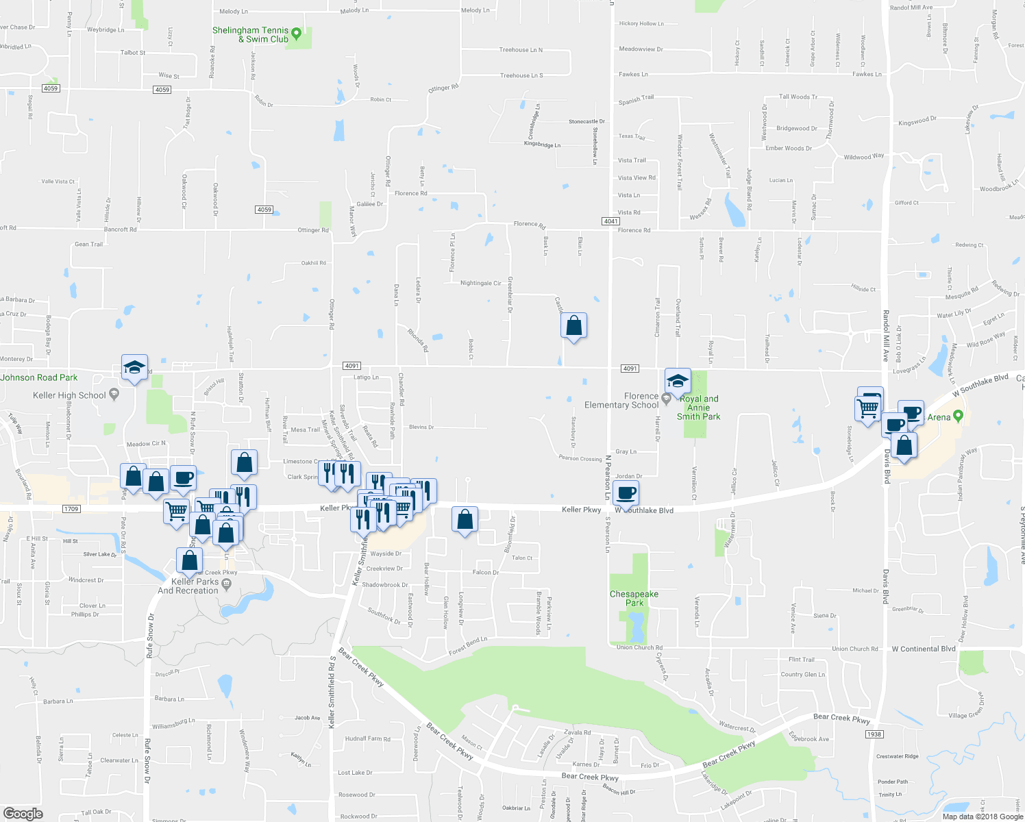 map of restaurants, bars, coffee shops, grocery stores, and more near 1816 Johnson Road in Keller