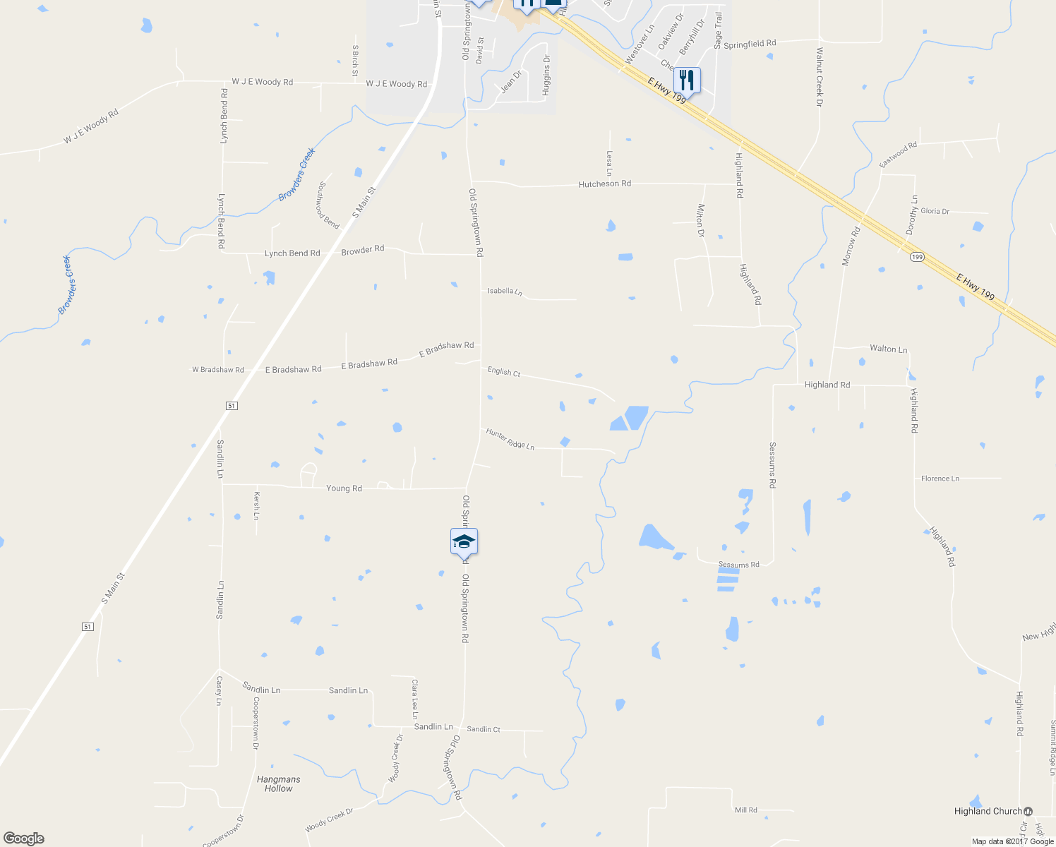 map of restaurants, bars, coffee shops, grocery stores, and more near 123 Hunter Ridge Lane in Springtown