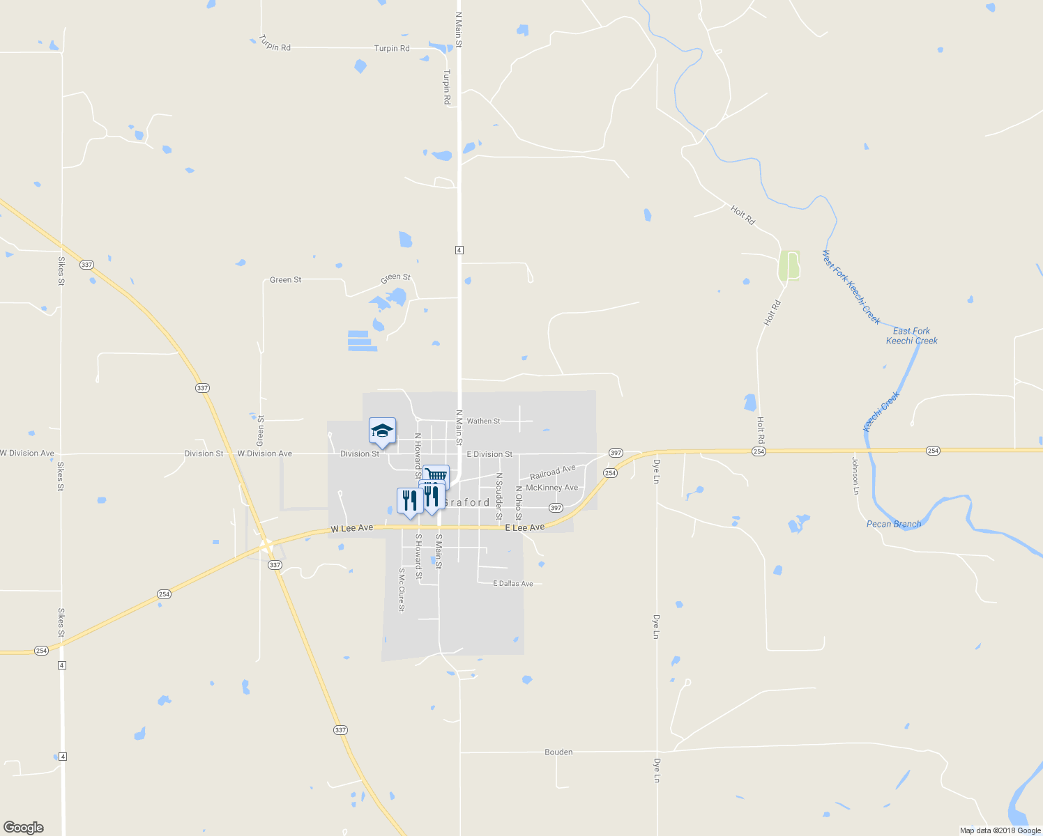 map of restaurants, bars, coffee shops, grocery stores, and more near 301 Wathen Street in Graford