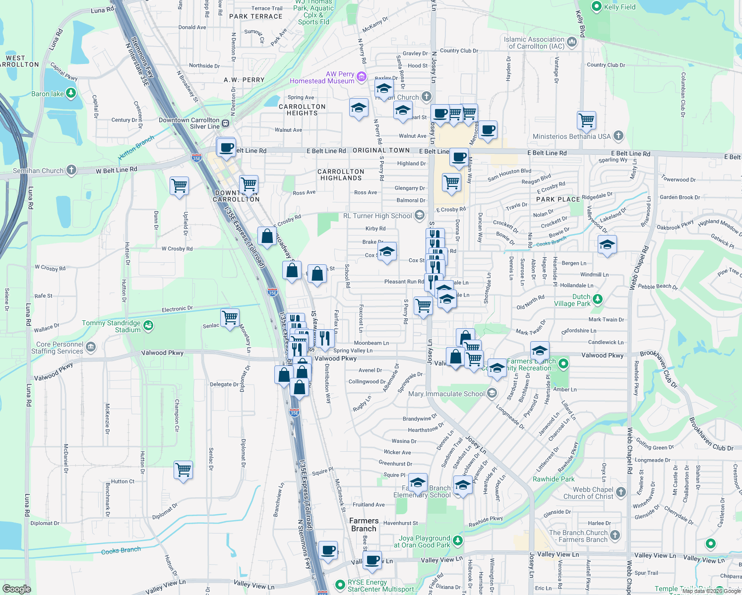 map of restaurants, bars, coffee shops, grocery stores, and more near 1824 School Rd in Carrollton
