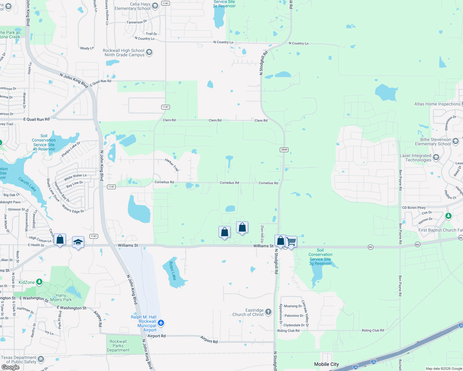 map of restaurants, bars, coffee shops, grocery stores, and more near 777 Cornelius Road in Rockwall