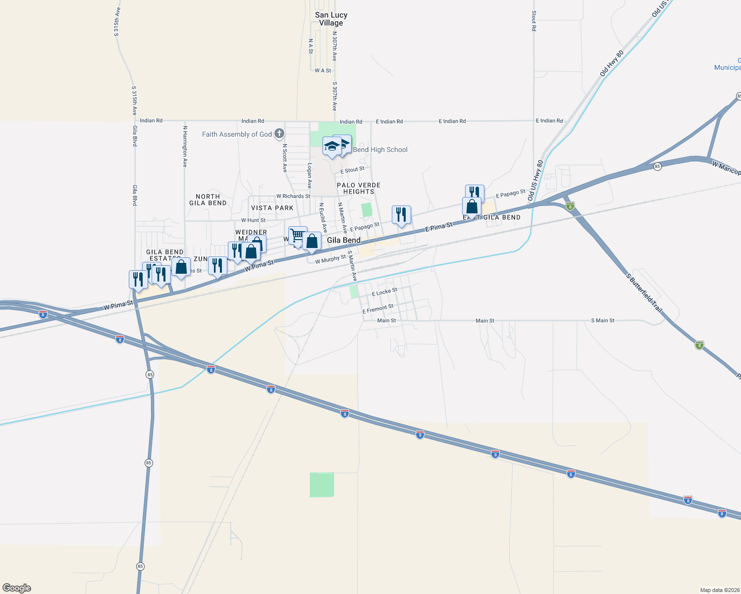 map of restaurants, bars, coffee shops, grocery stores, and more near 201 East Locke Street in Gila Bend