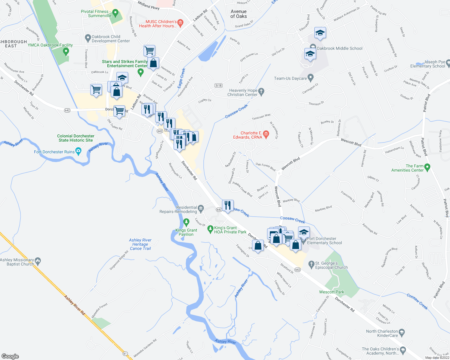 map of restaurants, bars, coffee shops, grocery stores, and more near 9689 Pebble Creek Boulevard in Summerville