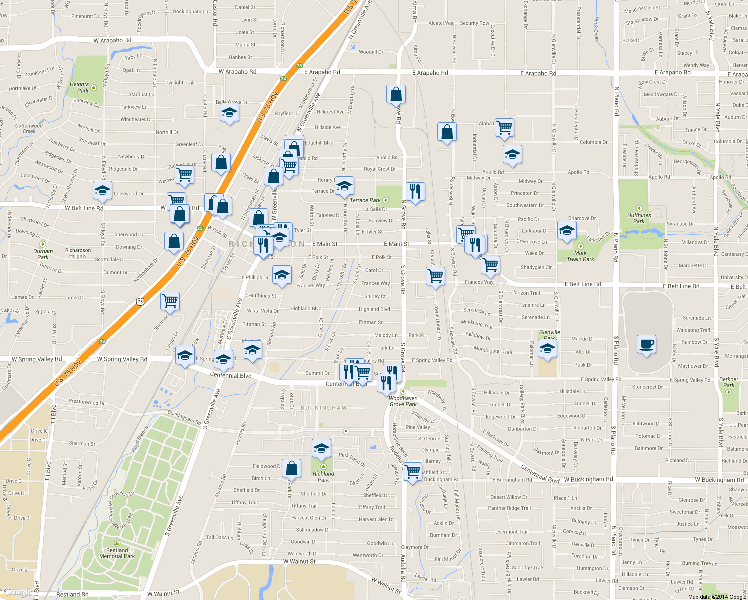 map of restaurants, bars, coffee shops, grocery stores, and more near 528 Shirley Court in Richardson