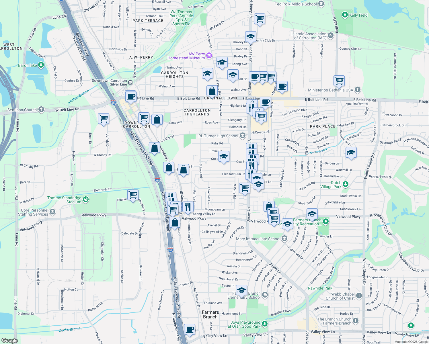 map of restaurants, bars, coffee shops, grocery stores, and more near 1719 Pleasant Run Road in Carrollton