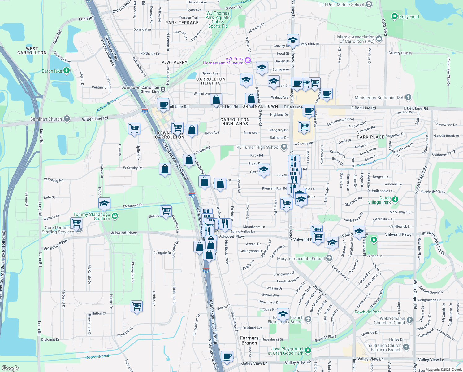 map of restaurants, bars, coffee shops, grocery stores, and more near 1613 Pleasant Run Road in Carrollton