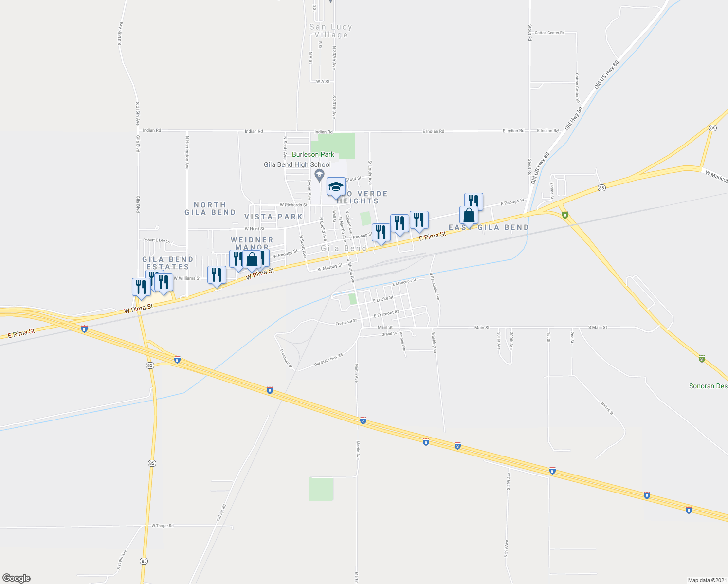 map of restaurants, bars, coffee shops, grocery stores, and more near 407 South Capitol Avenue in Gila Bend