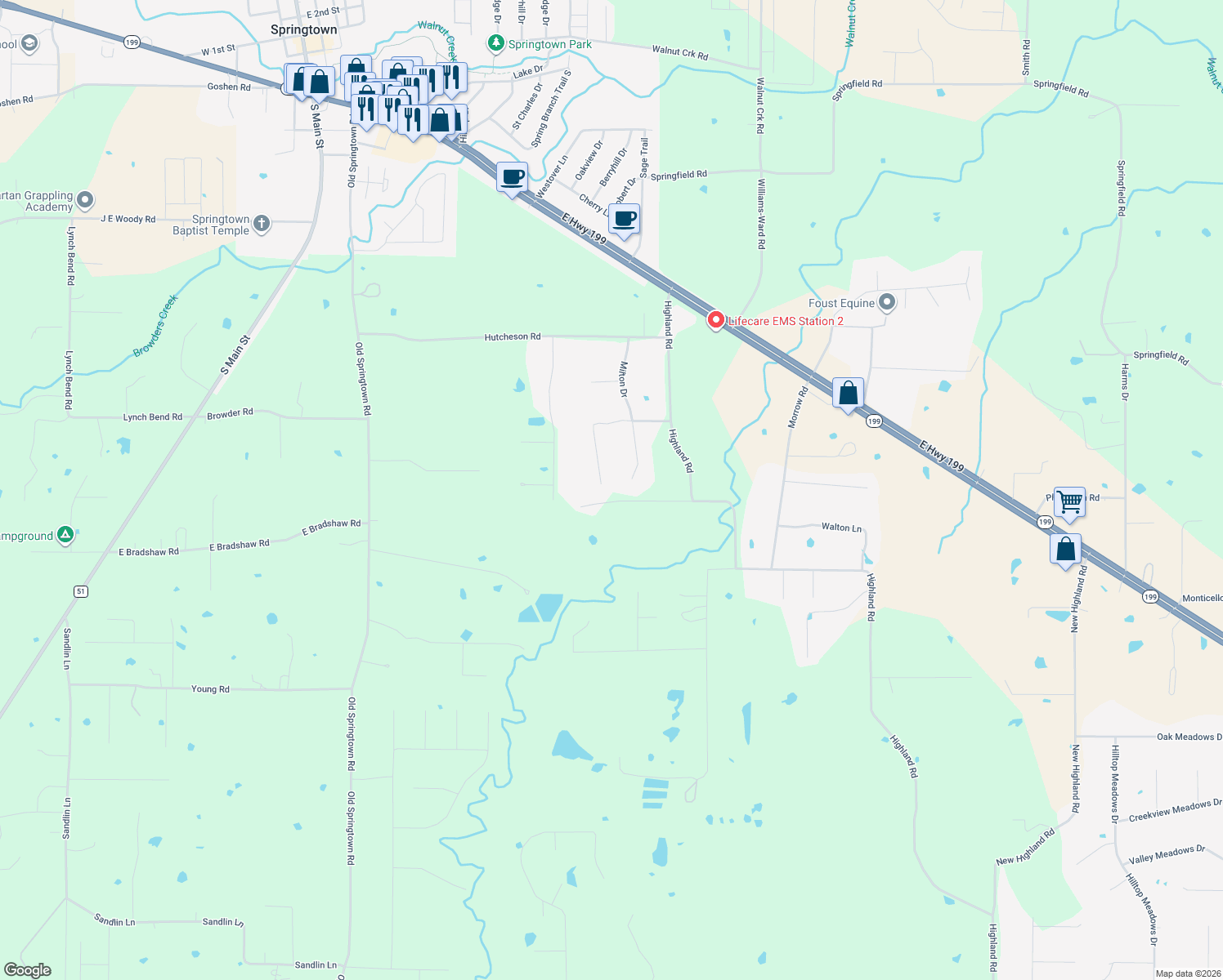 map of restaurants, bars, coffee shops, grocery stores, and more near 159 Howard Newby Lane in Springtown