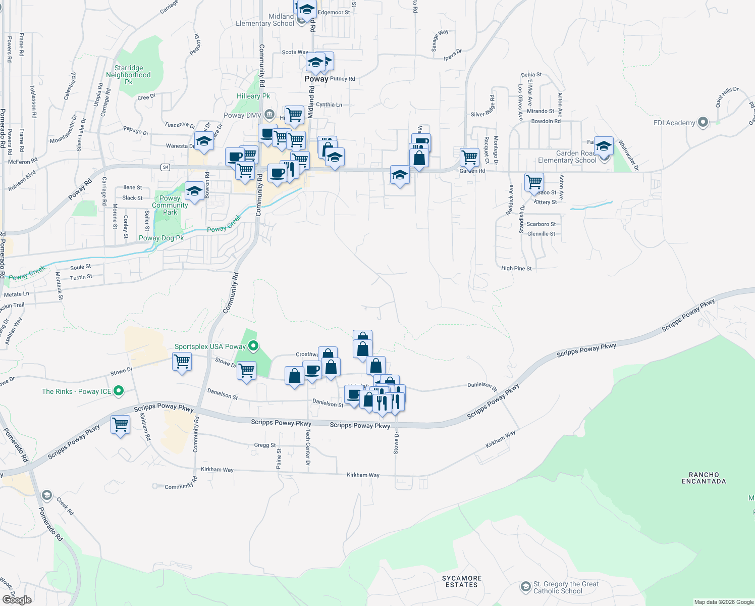 map of restaurants, bars, coffee shops, grocery stores, and more near 13746 Paseo Bonita in Poway