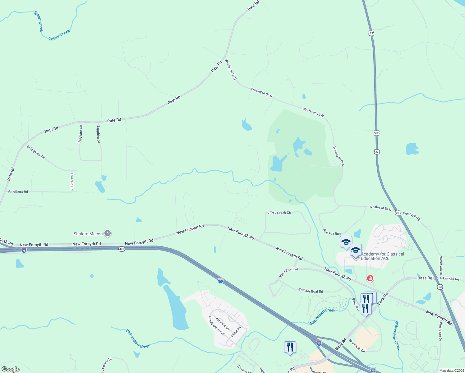 map of restaurants, bars, coffee shops, grocery stores, and more near 120 Deer Ridge Trail in Macon