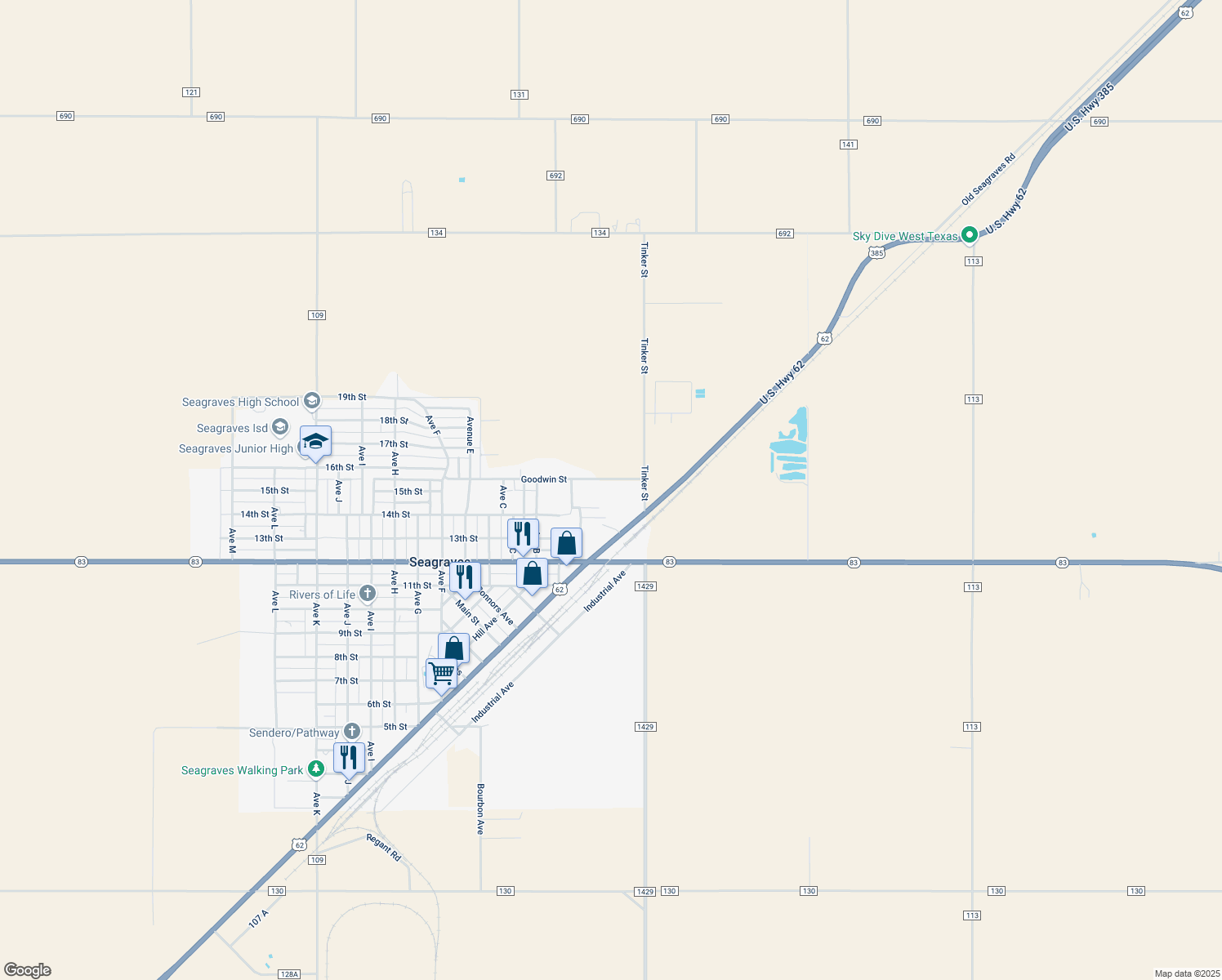 map of restaurants, bars, coffee shops, grocery stores, and more near 1304 Tinker Street in Seagraves