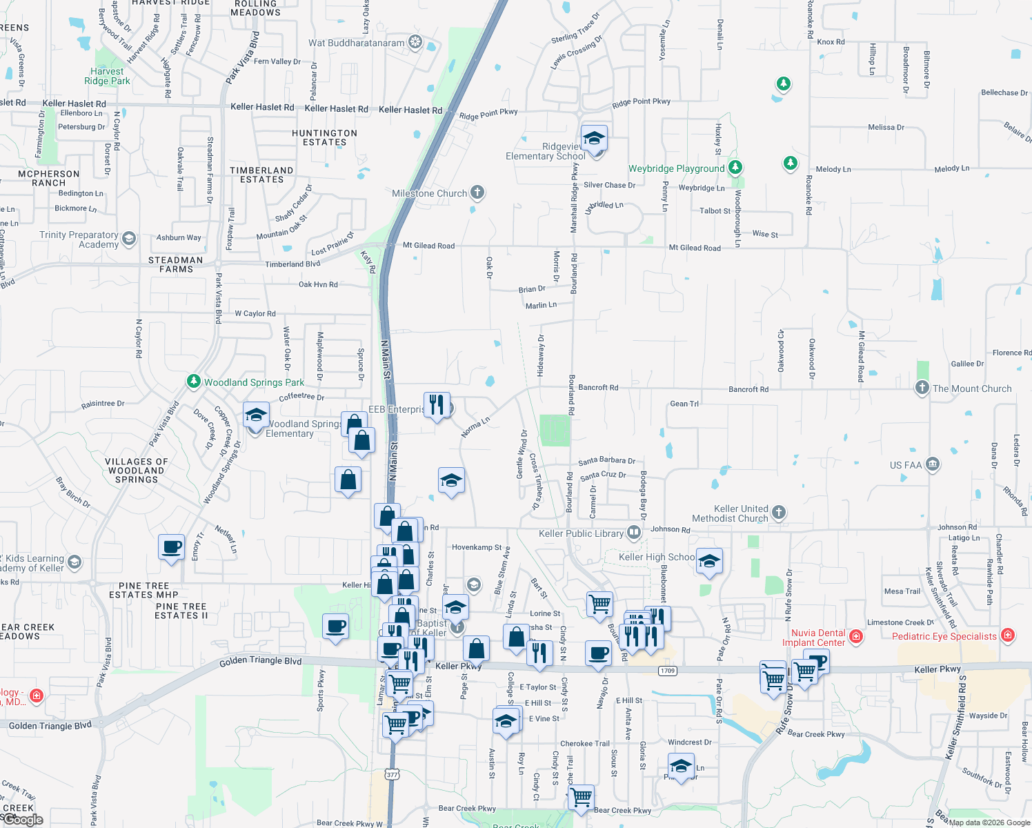map of restaurants, bars, coffee shops, grocery stores, and more near 920 Gentle Wind Dr in Keller
