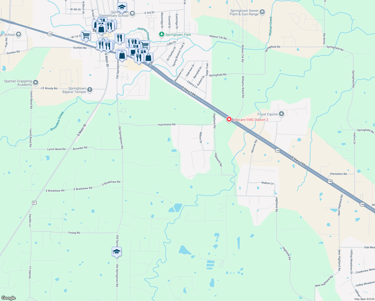 map of restaurants, bars, coffee shops, grocery stores, and more near 128 Howard Newby Lane in Springtown