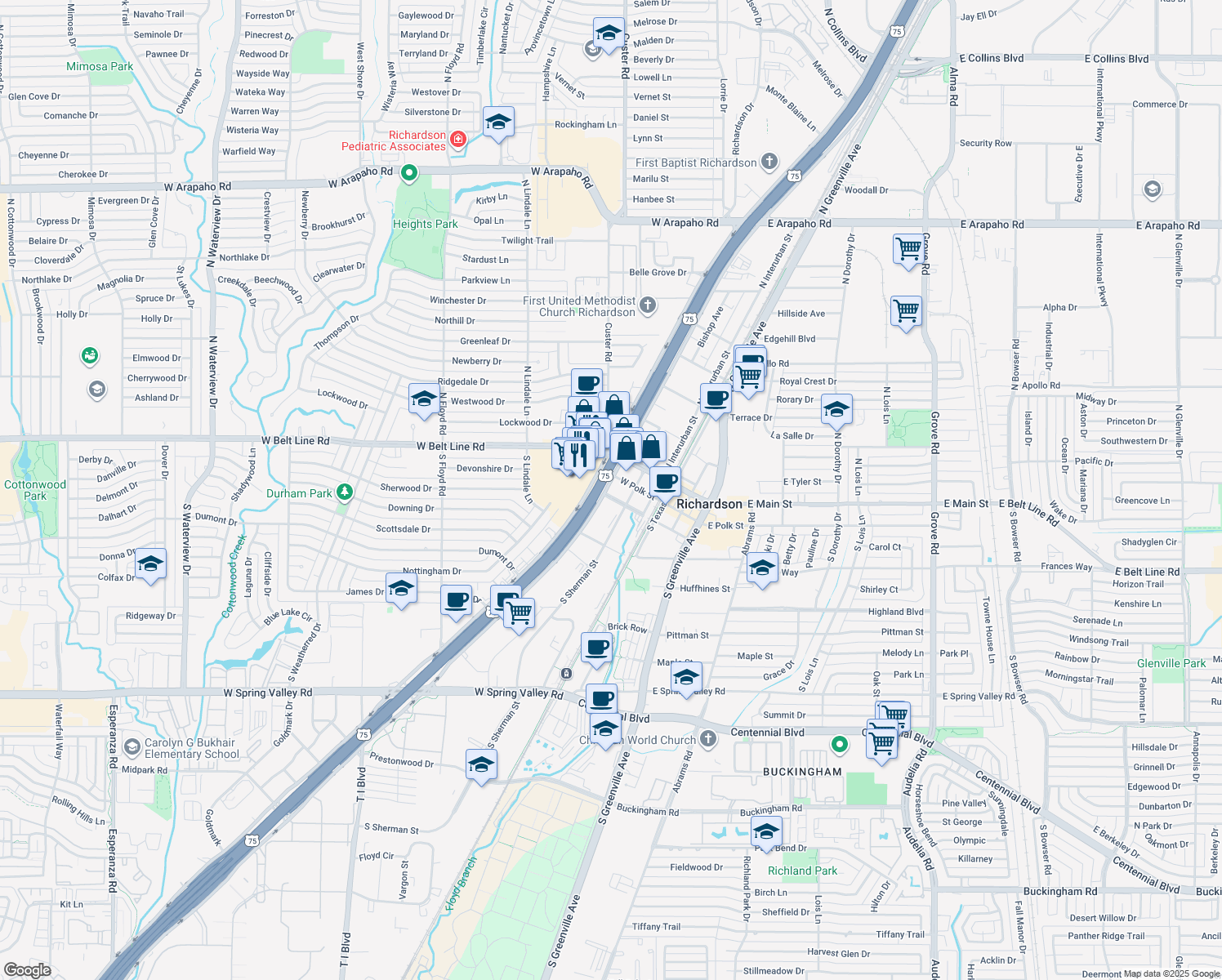 map of restaurants, bars, coffee shops, grocery stores, and more near 227 South Central Expressway in Richardson
