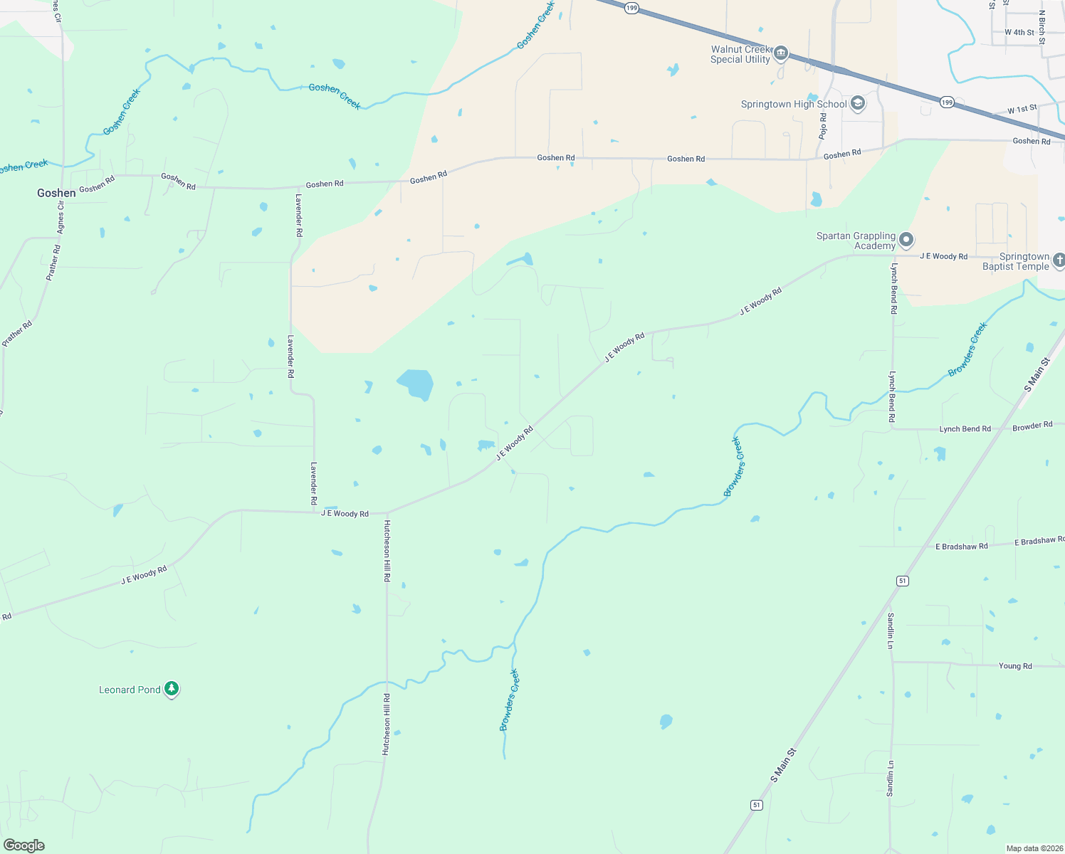 map of restaurants, bars, coffee shops, grocery stores, and more near J E Woody Rd in Springtown