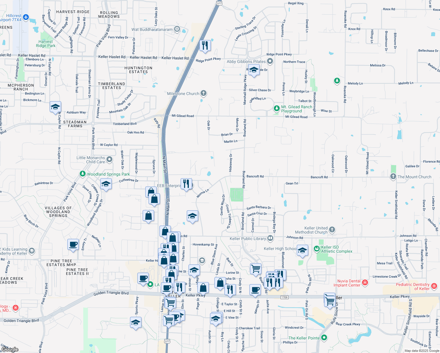 map of restaurants, bars, coffee shops, grocery stores, and more near 1000 Norma Lane in Keller