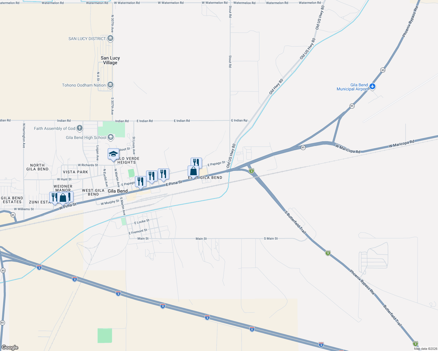 map of restaurants, bars, coffee shops, grocery stores, and more near 109 South Short Street in Gila Bend