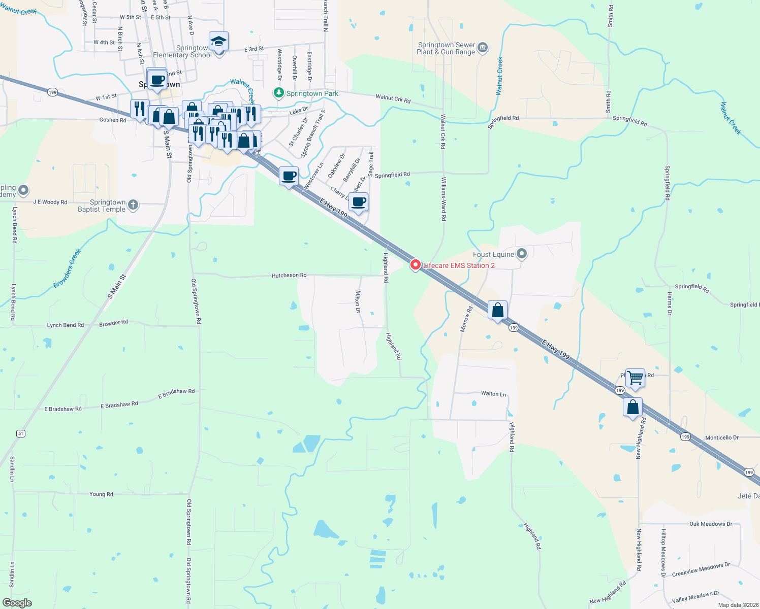 map of restaurants, bars, coffee shops, grocery stores, and more near 338 Highland Rd in Springtown