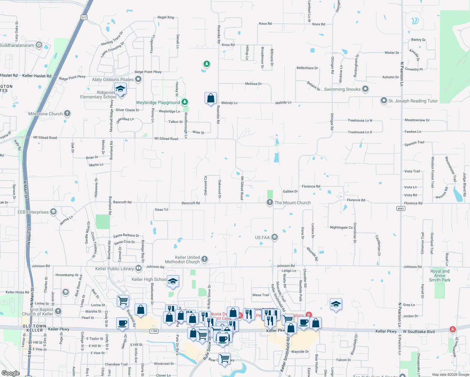map of restaurants, bars, coffee shops, grocery stores, and more near 1518 Mount Gilead Road in Keller