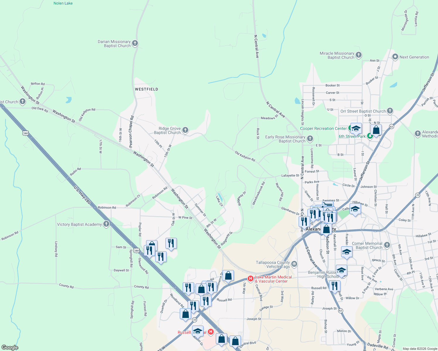 map of restaurants, bars, coffee shops, grocery stores, and more near 549 Sleepy Hollow Dr in Alexander City