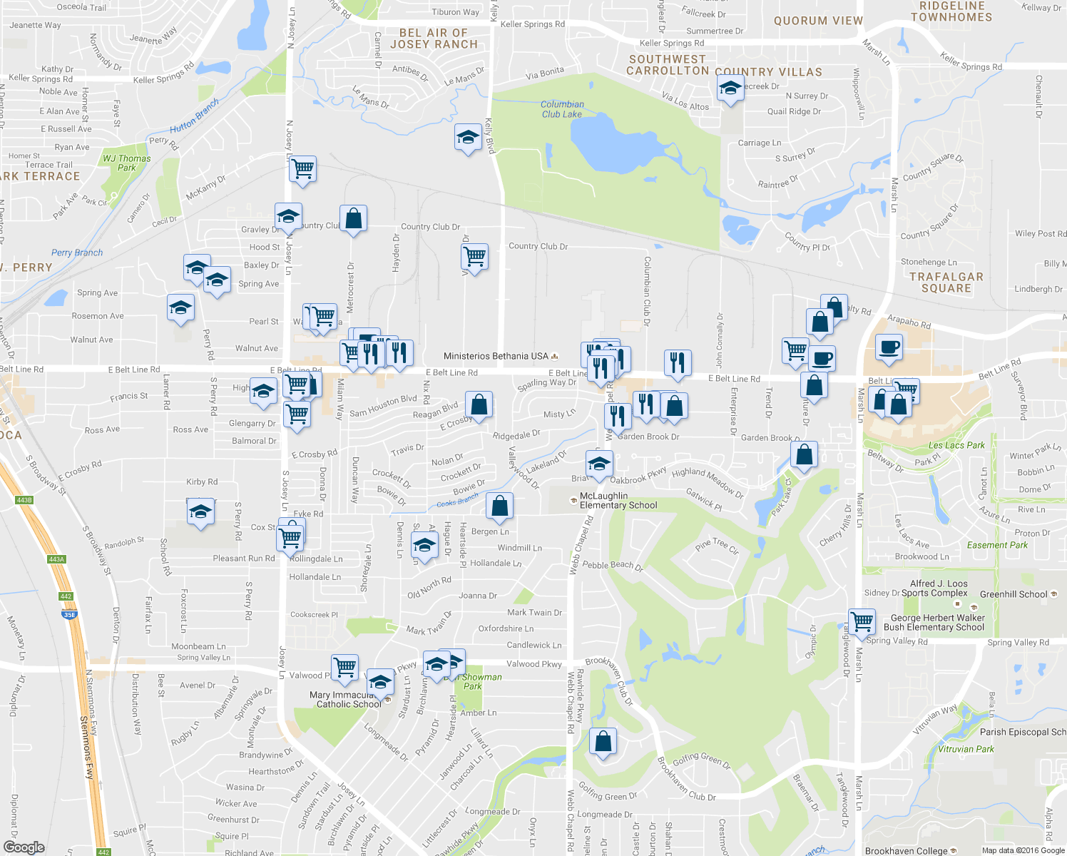 map of restaurants, bars, coffee shops, grocery stores, and more near 2311 Ridgedale Drive in Carrollton