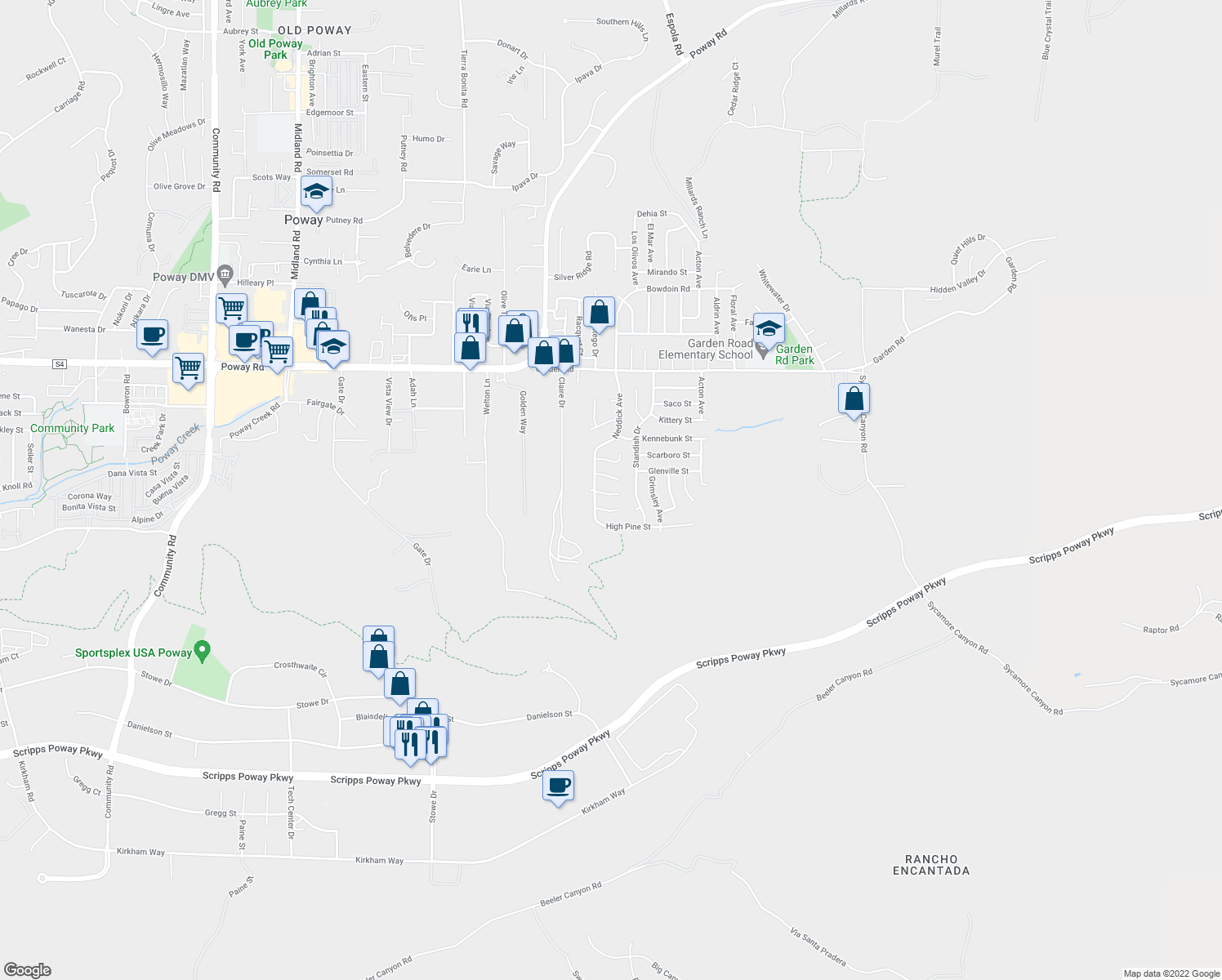 map of restaurants, bars, coffee shops, grocery stores, and more near 14335 Jolley Lane in Poway