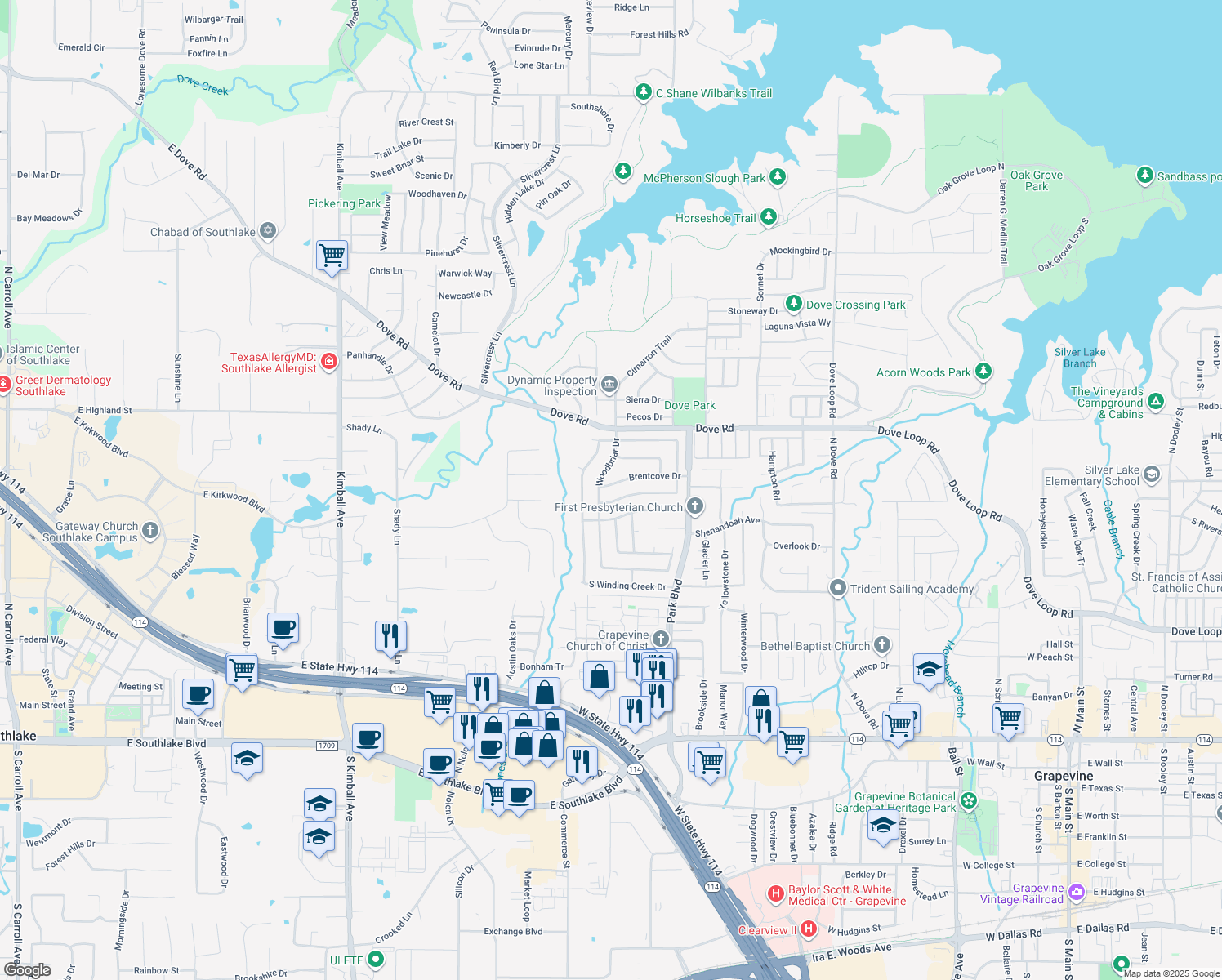map of restaurants, bars, coffee shops, grocery stores, and more near 2149 Brentcove Drive in Grapevine