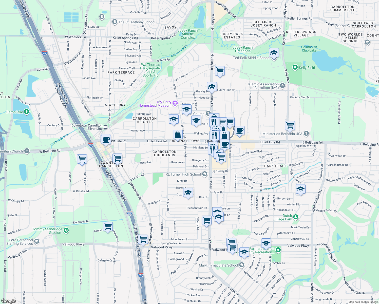 map of restaurants, bars, coffee shops, grocery stores, and more near 1805 Tartan Drive in Carrollton