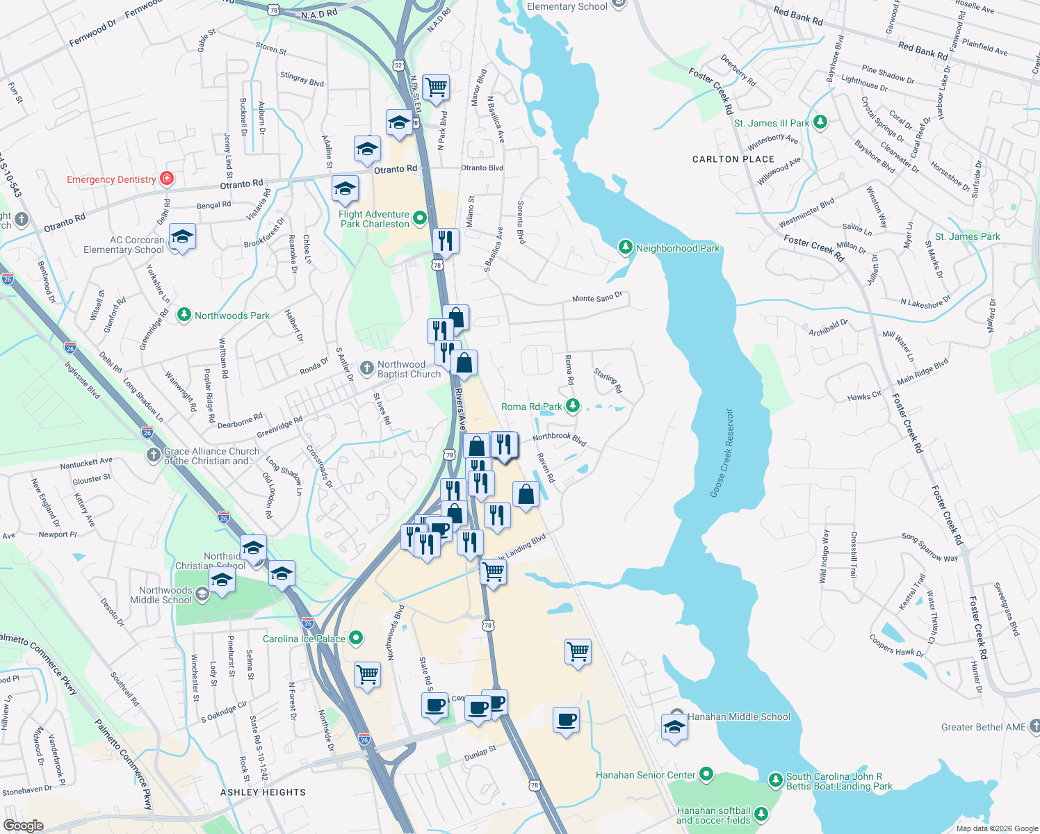 map of restaurants, bars, coffee shops, grocery stores, and more near 1706 Falcon Cove Ln in Hanahan