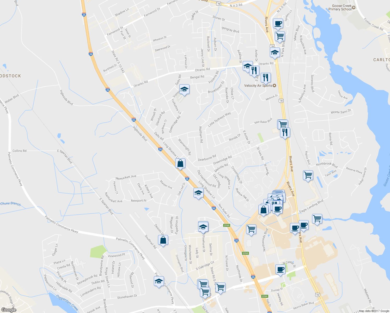 map of restaurants, bars, coffee shops, grocery stores, and more near 8121 Poplar Ridge Road in North Charleston
