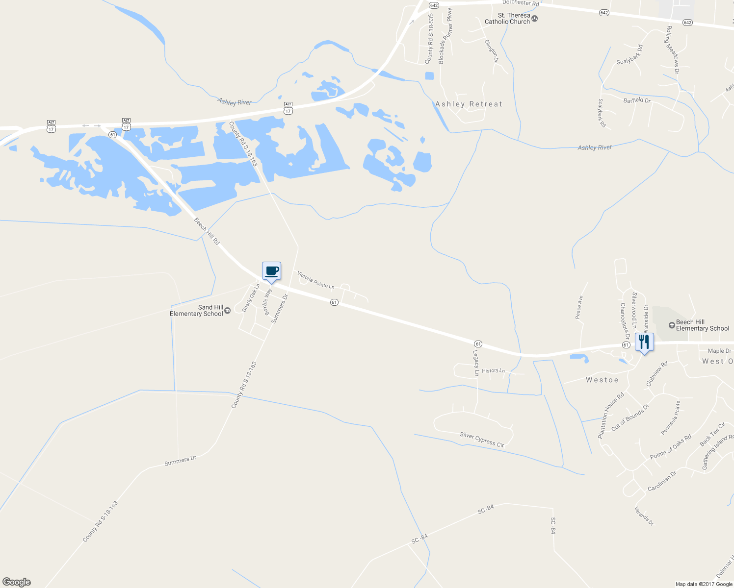 map of restaurants, bars, coffee shops, grocery stores, and more near 1407 Victoria Pointe Lane in Summerville