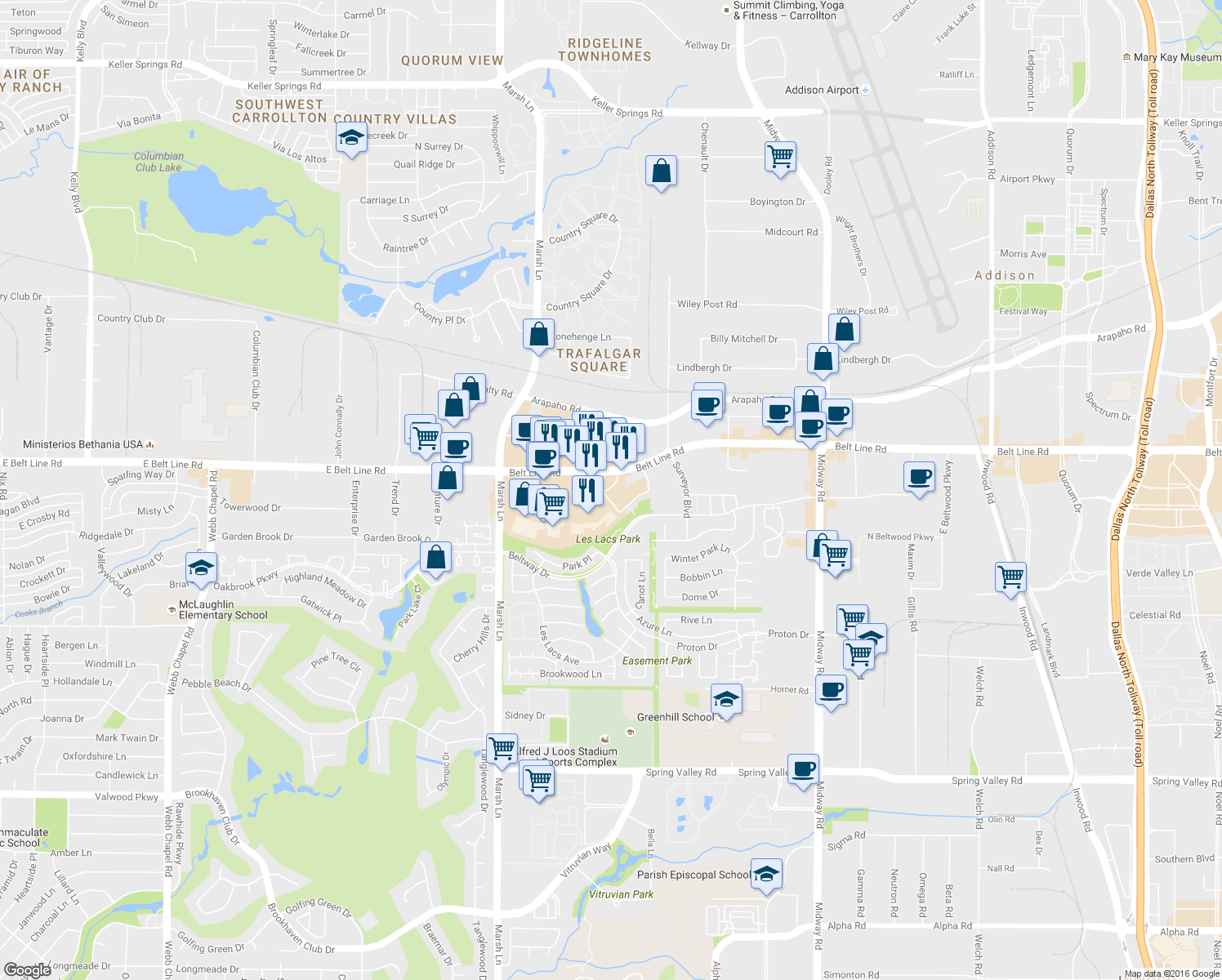 map of restaurants, bars, coffee shops, grocery stores, and more near Commercial Drive in Addison