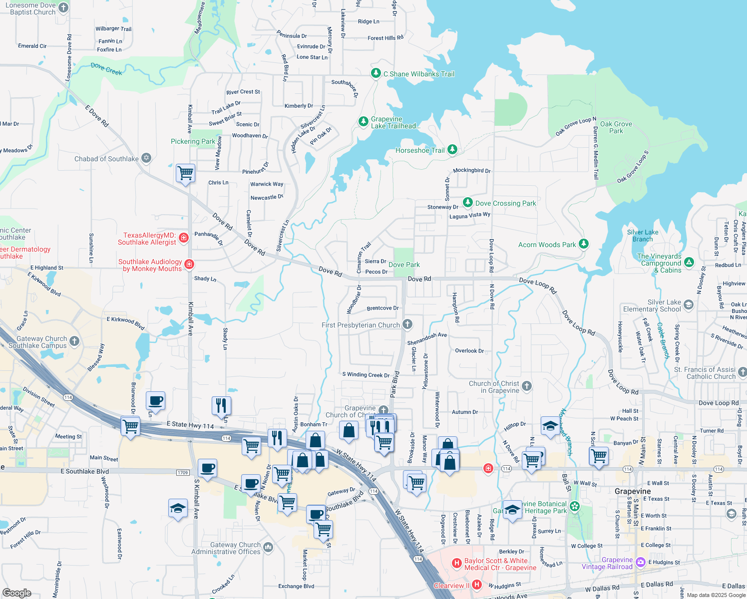 map of restaurants, bars, coffee shops, grocery stores, and more near 2133 Sandell Drive in Grapevine