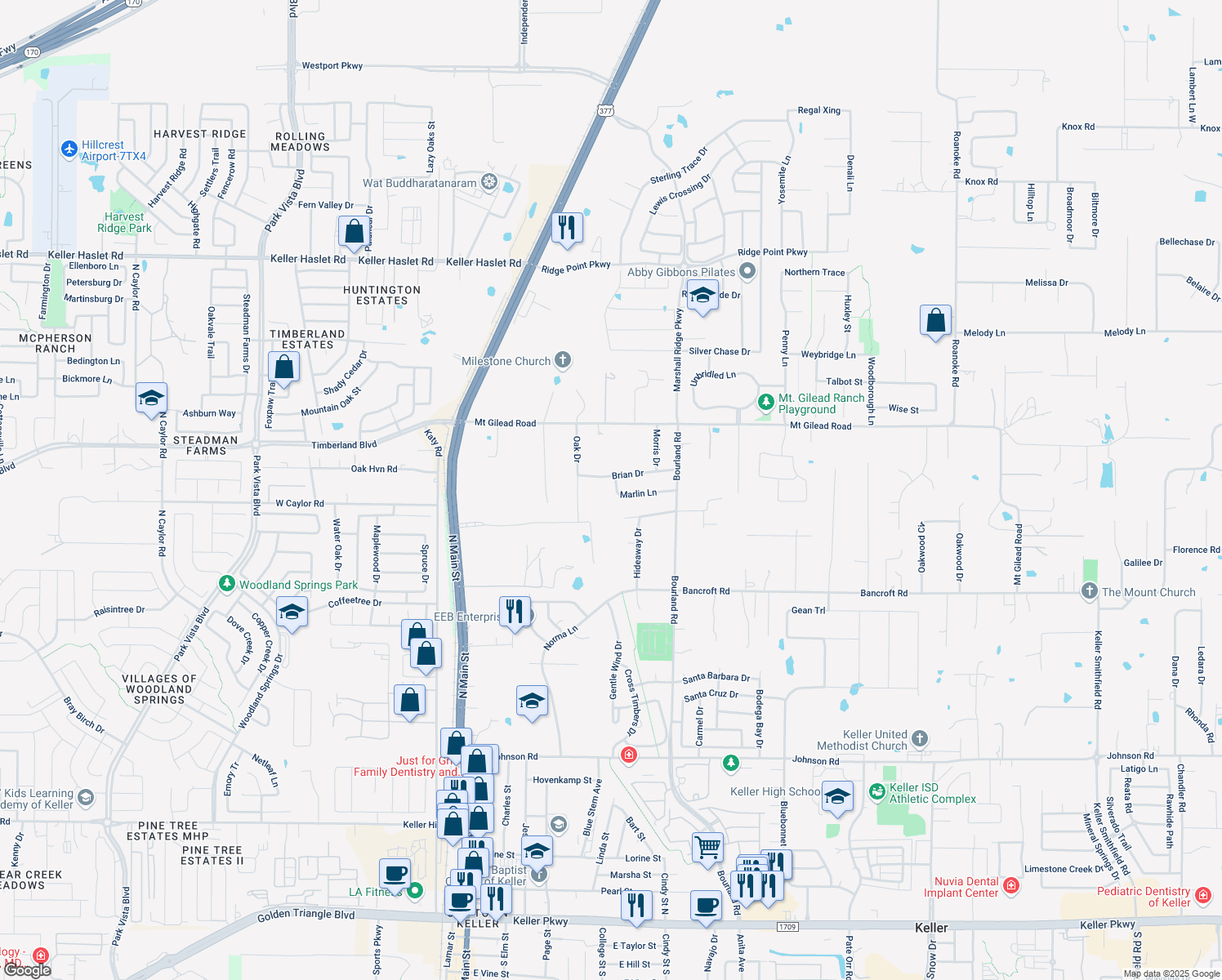 map of restaurants, bars, coffee shops, grocery stores, and more near 404 Marlin Lane in Keller