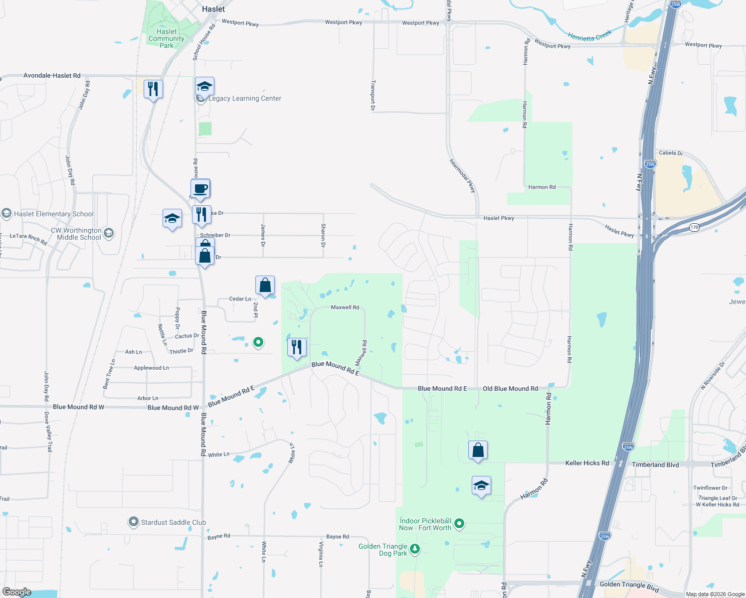 map of restaurants, bars, coffee shops, grocery stores, and more near 1331 Maxwell Road in Haslet