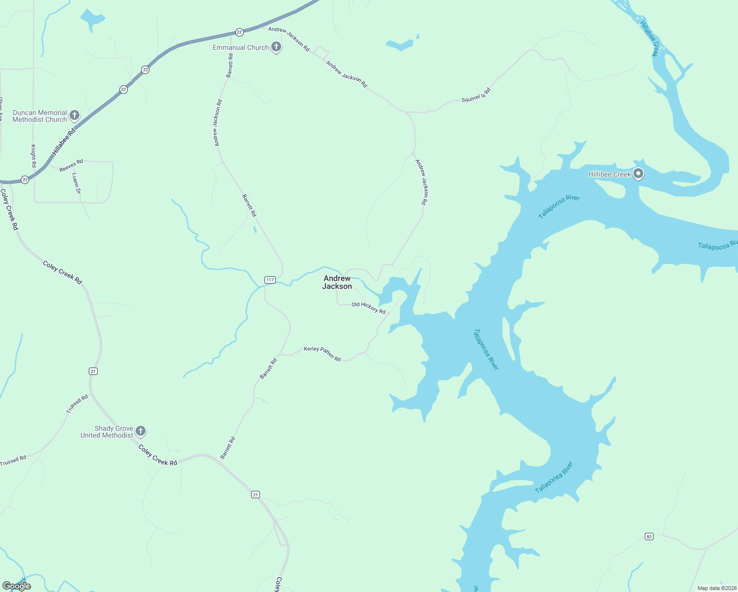 map of restaurants, bars, coffee shops, grocery stores, and more near 133 Old Hickory Road in Alexander City