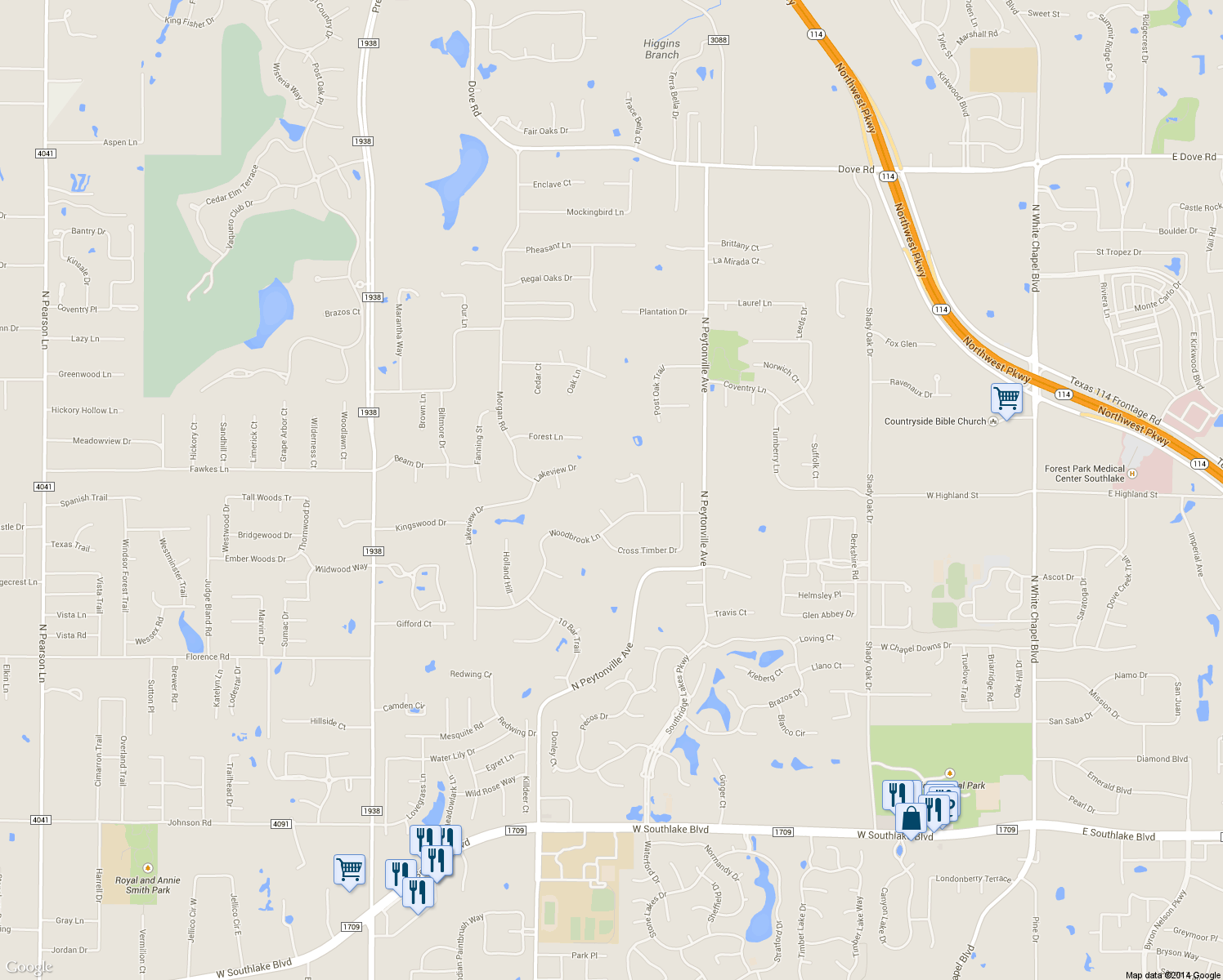 map of restaurants, bars, coffee shops, grocery stores, and more near 1337 Hidden Glen in Southlake