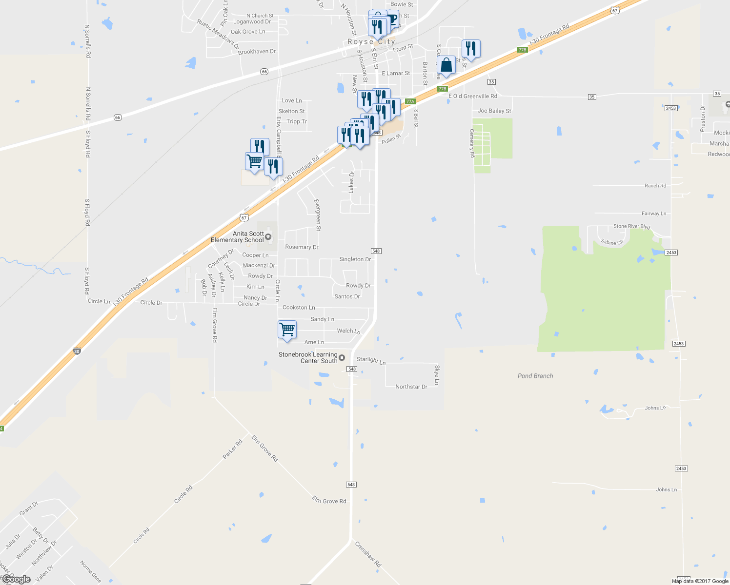 map of restaurants, bars, coffee shops, grocery stores, and more near 1700 Pena in Royse City