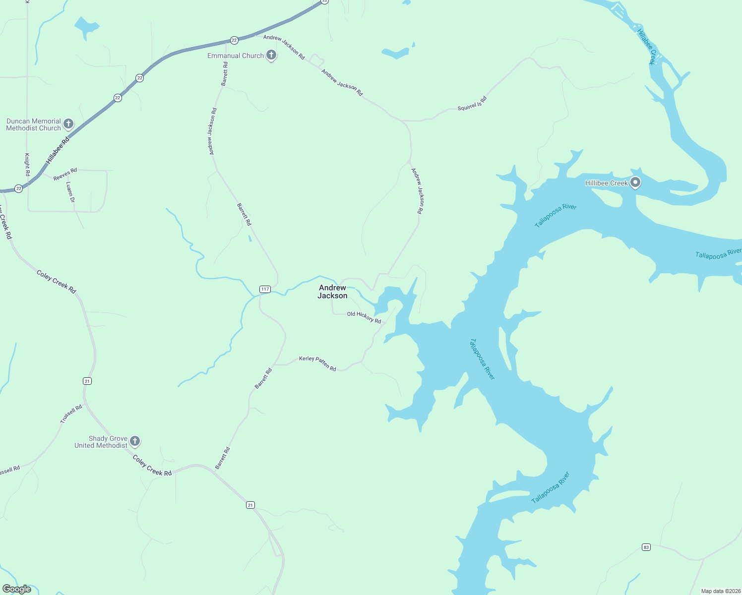 map of restaurants, bars, coffee shops, grocery stores, and more near 133 Old Hickory Road in Alexander City