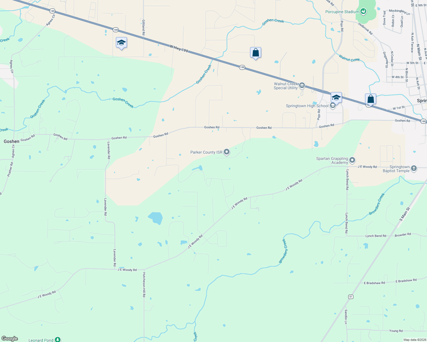map of restaurants, bars, coffee shops, grocery stores, and more near 118 W Jake St in Springtown