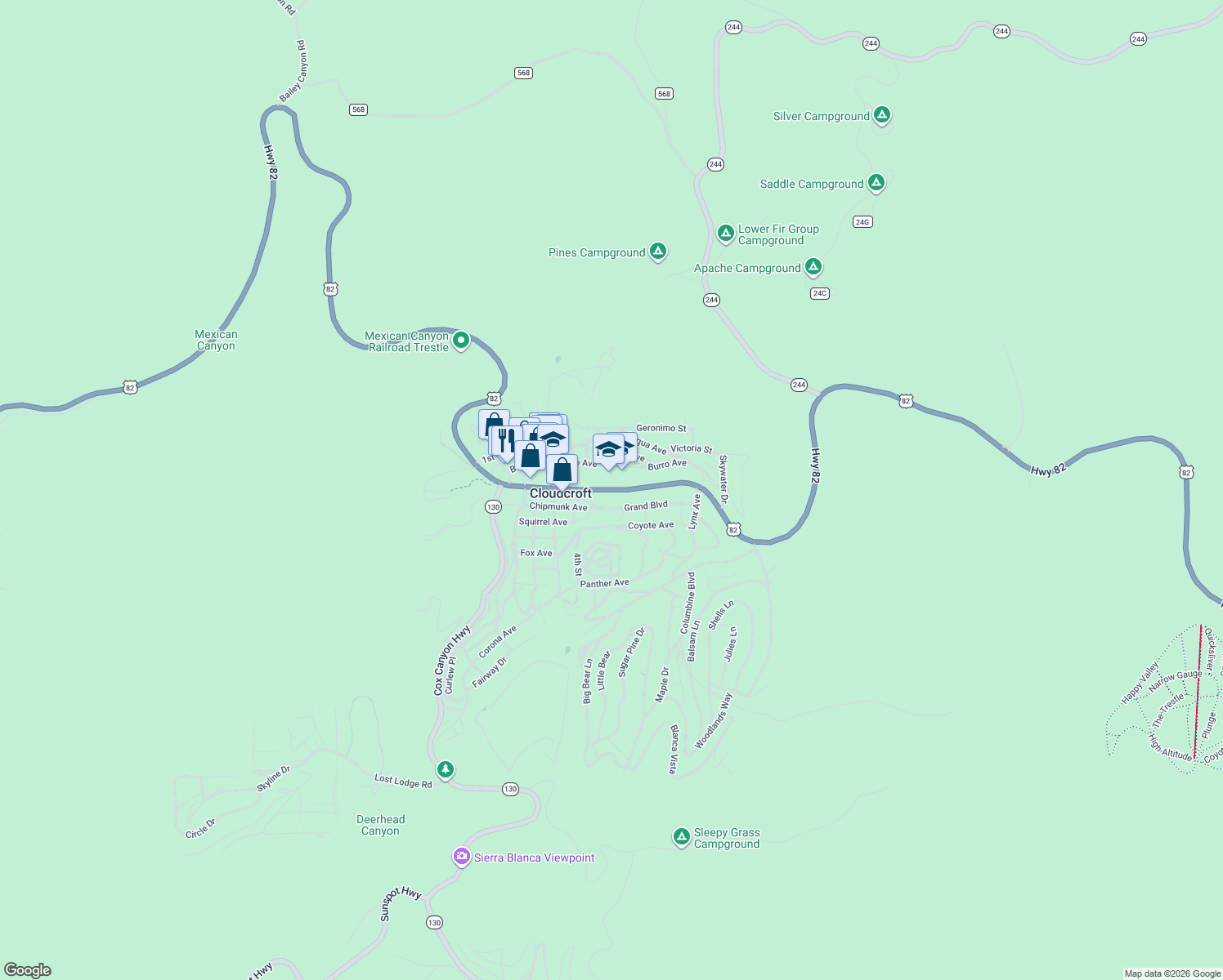 map of restaurants, bars, coffee shops, grocery stores, and more near James Canyon Highway in Cloudcroft